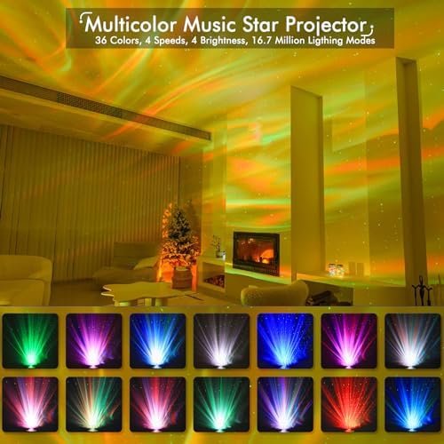 Salon illuminé par un projecteur étoilé musical multicolore avec 36 couleurs, 4 vitesses et 16,7 millions de modes, avec miniatures montrant des projections variées.