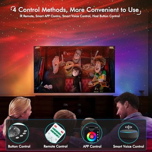 Affiche publicitaire montrant une famille regardant un film avec des effets de ciel étoilé; quatre méthodes de contrôle (bouton, télécommande, application, commande vocale) du projecteur d'aurore.