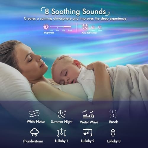 Femme endormie tenant un bébé, avec une projection d’aurore et une bannière indiquant '8 Soothing Sounds' et des pictogrammes de bruits blancs, nuits d'été, vagues, ruisseau, tonnerre et berceuses