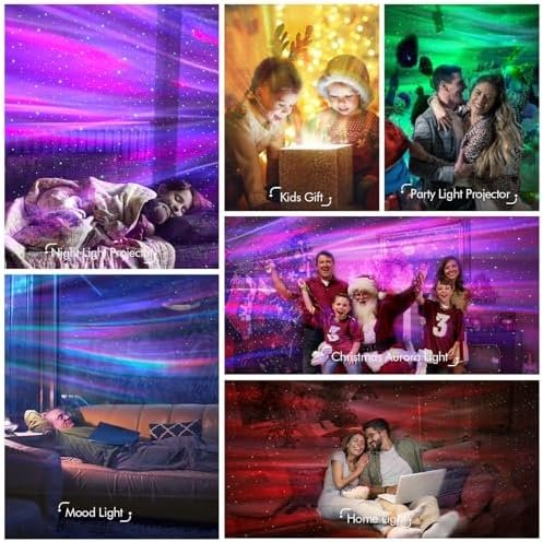 Collage de six images montrant différentes utilisations d’un projecteur d’aurore : veilleuse nuit, cadeau pour enfants, éclairage pour fêtes, ambiance, mode veilleuse et moment romantique, avec étoiles colorées projetées au plafond