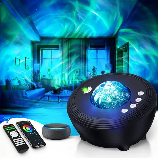 Black disc-shaped galaxy projector projecting blue and green aurora-like lights in a living room, with a remote control and smart speaker beside it