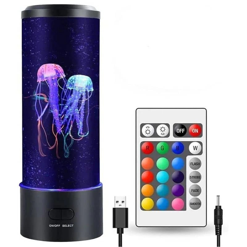 Lampe aquarium méduses cylindrique avec deux méduses multicolores et télécommande multicolore accompagnée d'un câble USB sur fond blanc