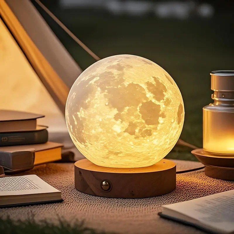 Lampe lune dorée sur base en bois sur une table à côté de livres et d'une lanterne en camping.