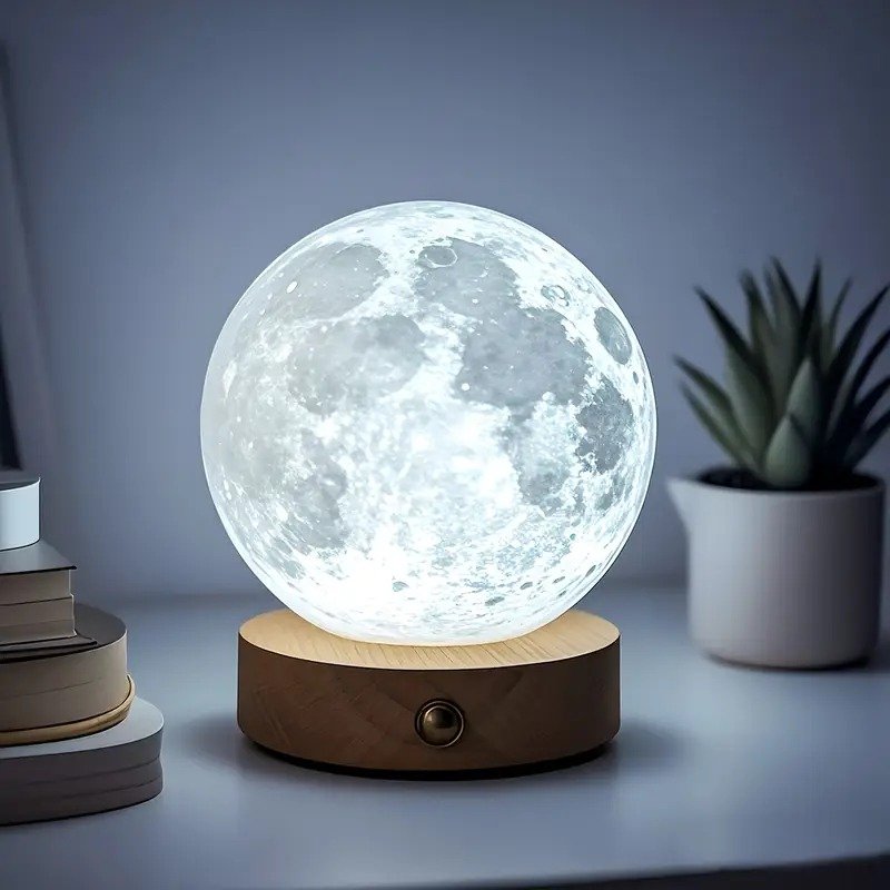 Lampe lune blanche réaliste posée sur une base en bois avec bouton, sur une table avec une plante succulente en pot et des livres empilés.
