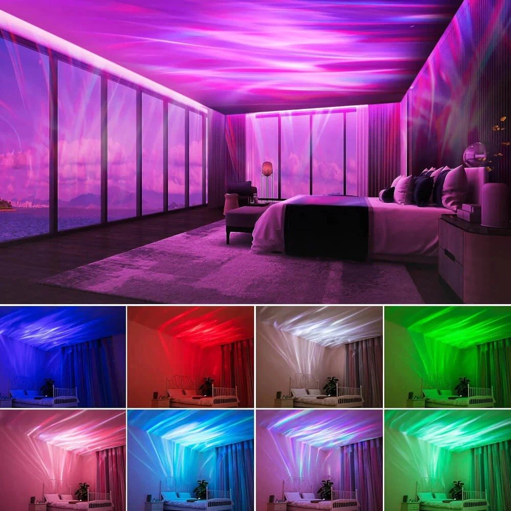 Chambre moderne avec un lit et de grandes baies vitrées illuminées par une projection d'aurore boréale rose et violette; collage de différentes variations de couleurs en bas.