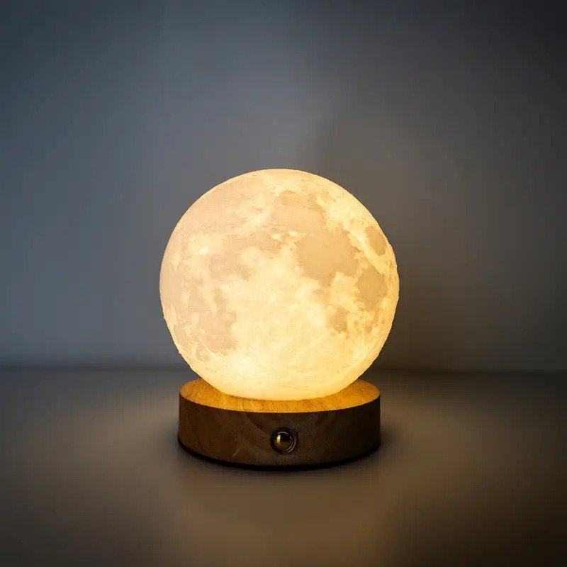 Lampe lune jaune dorée posée sur une base en bois ronde avec interrupteur, éclairant une pièce sombre.