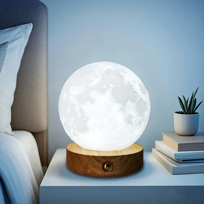 Lampe lune blanche posée sur une table de nuit en bois à côté d'une plante succulente sur des livres empilés et d'un lit avec oreiller.