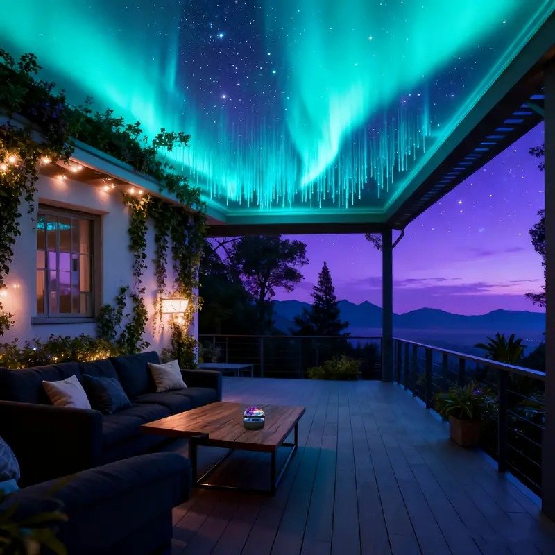 Terrasse extérieure avec canapé, table basse et guirlande lumineuse, surplombée par une aurore boréale verte et bleue en colonnes au-dessus des montagnes au crépuscule