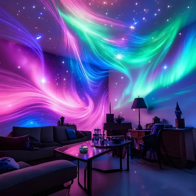 Salon moderne avec canapé, table basse et lampe éclairé par des projections d’aurore boréale multicolores rose, bleue et verte, créant des vagues lumineuses et étoiles