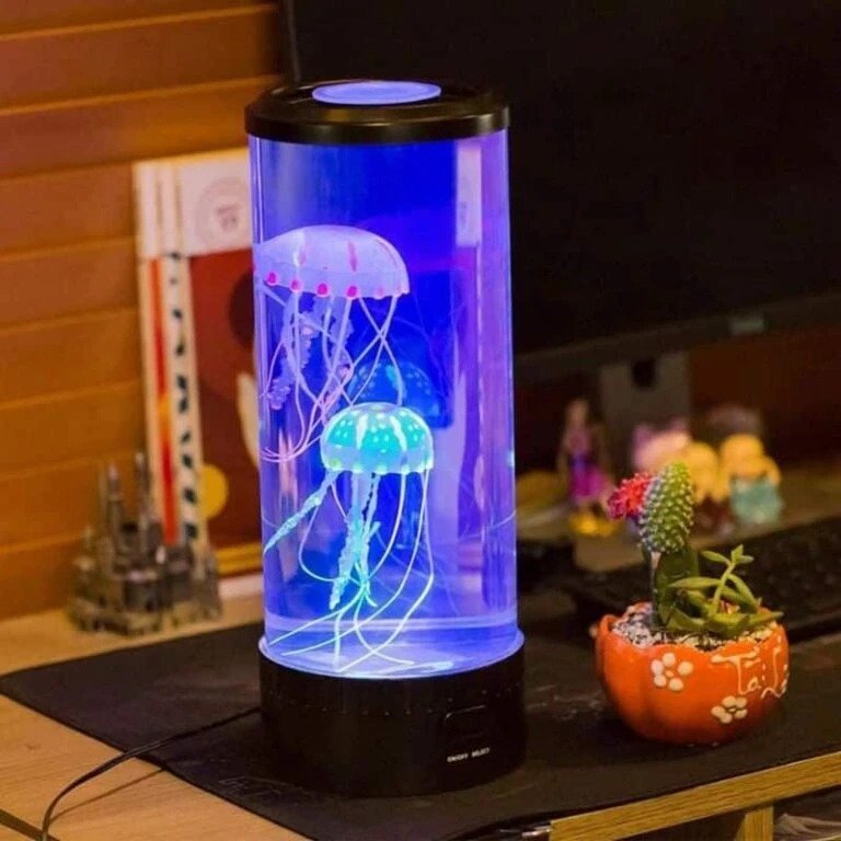 Lampe aquarium méduse bleue sur bureau en bois avec méduses luminescentes dans un tube transparent et petite plante en pot orange à côté