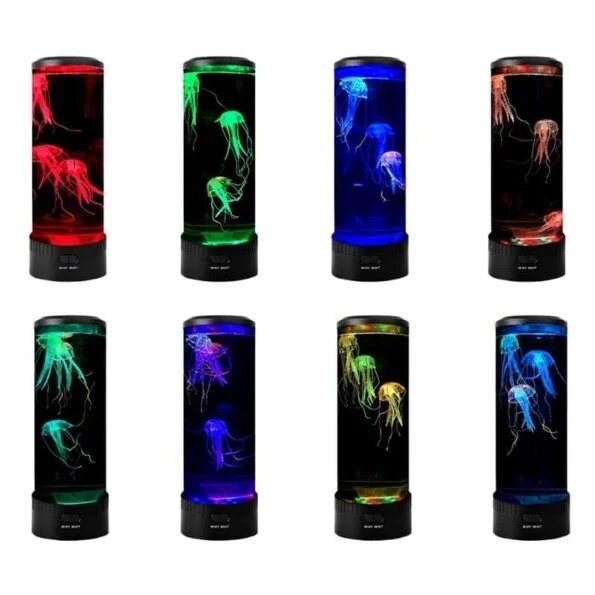 Collection de huit lampes aquarium cylindriques MedusaGlow présentant des méduses fluorescentes dans des couleurs variées (rouge, vert, bleu, violet, etc.), alignées en deux rangées.