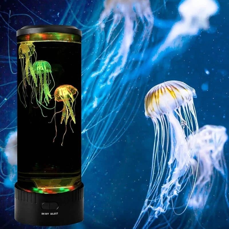 Lampe aquarium méduses cylindrique noire avec méduses lumineuses vertes et jaunes sur fond océanique avec méduses en mouvement