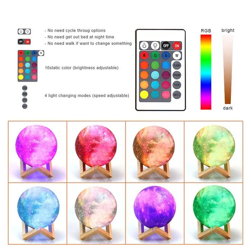 Diagramme montrant l’utilisation de la télécommande d’une lampe lune et une roue chromatique illustrant des couleurs RGB allant du clair au foncé, accompagné en dessous d’une grille de neuf lampes lune posées sur des supports en bois et illuminées dans des couleurs différentes (rose, rouge, orange, vert, bleu, violet, etc.).